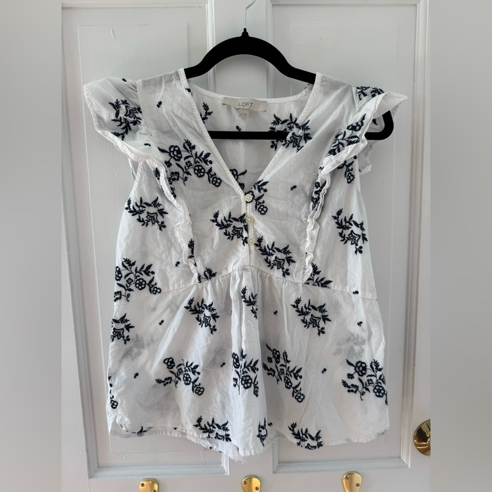 LOFT White and Navy Floral Blouse